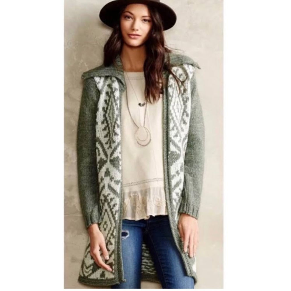 Anthropologie Green and White Moth Duster Sweater